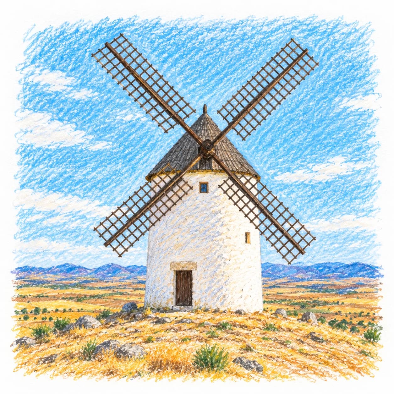 Modèle colorié: Coloriage de l'Espagne : moulin à vent sur la plaine