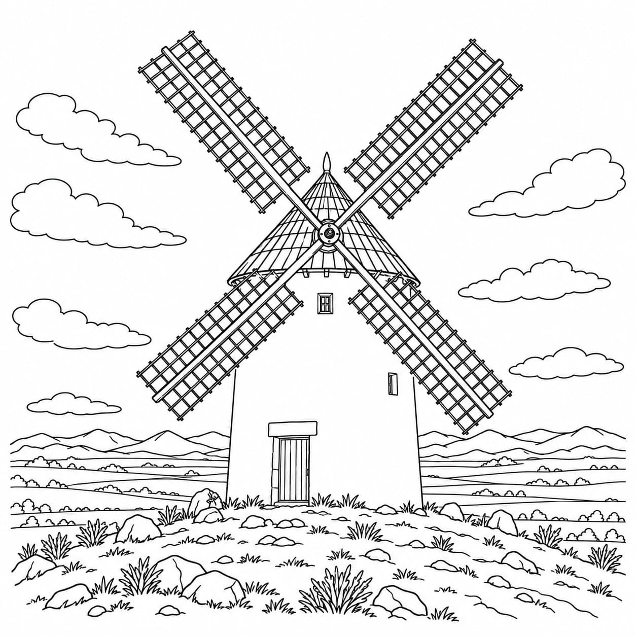 Coloring: Spain coloring page: windmill on a dry plain