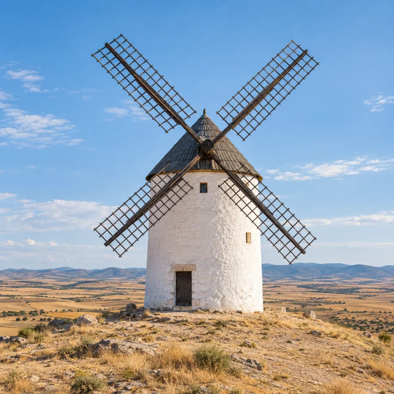 Photo réaliste: Coloriage de l'Espagne : moulin à vent sur la plaine