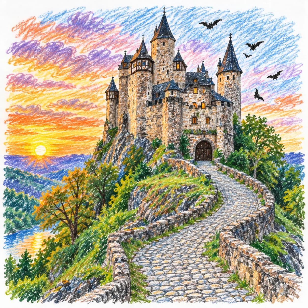 Modèle colorié: Coloriage de château d'Halloween