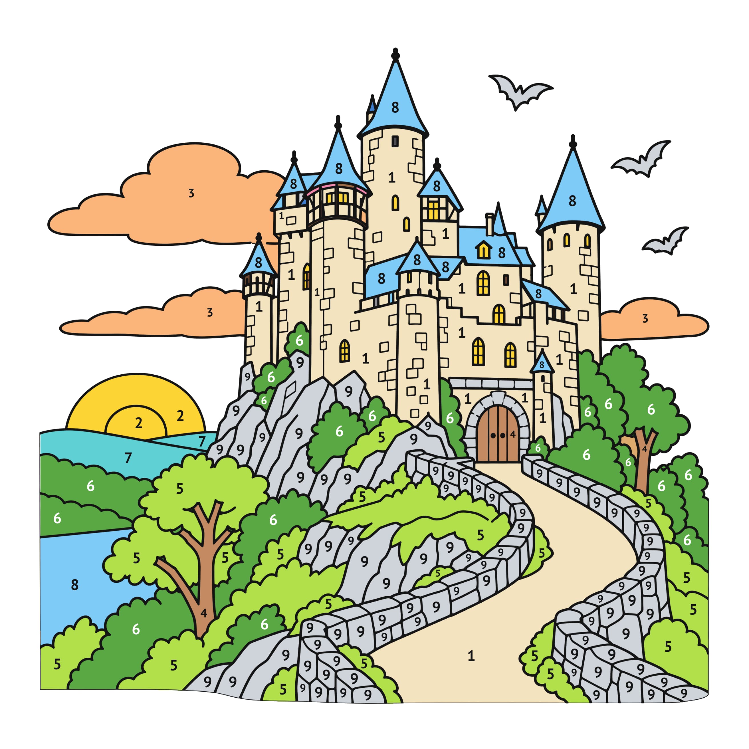 Modèle colorié: Château d’Halloween : coloriage au numéro à imprimer