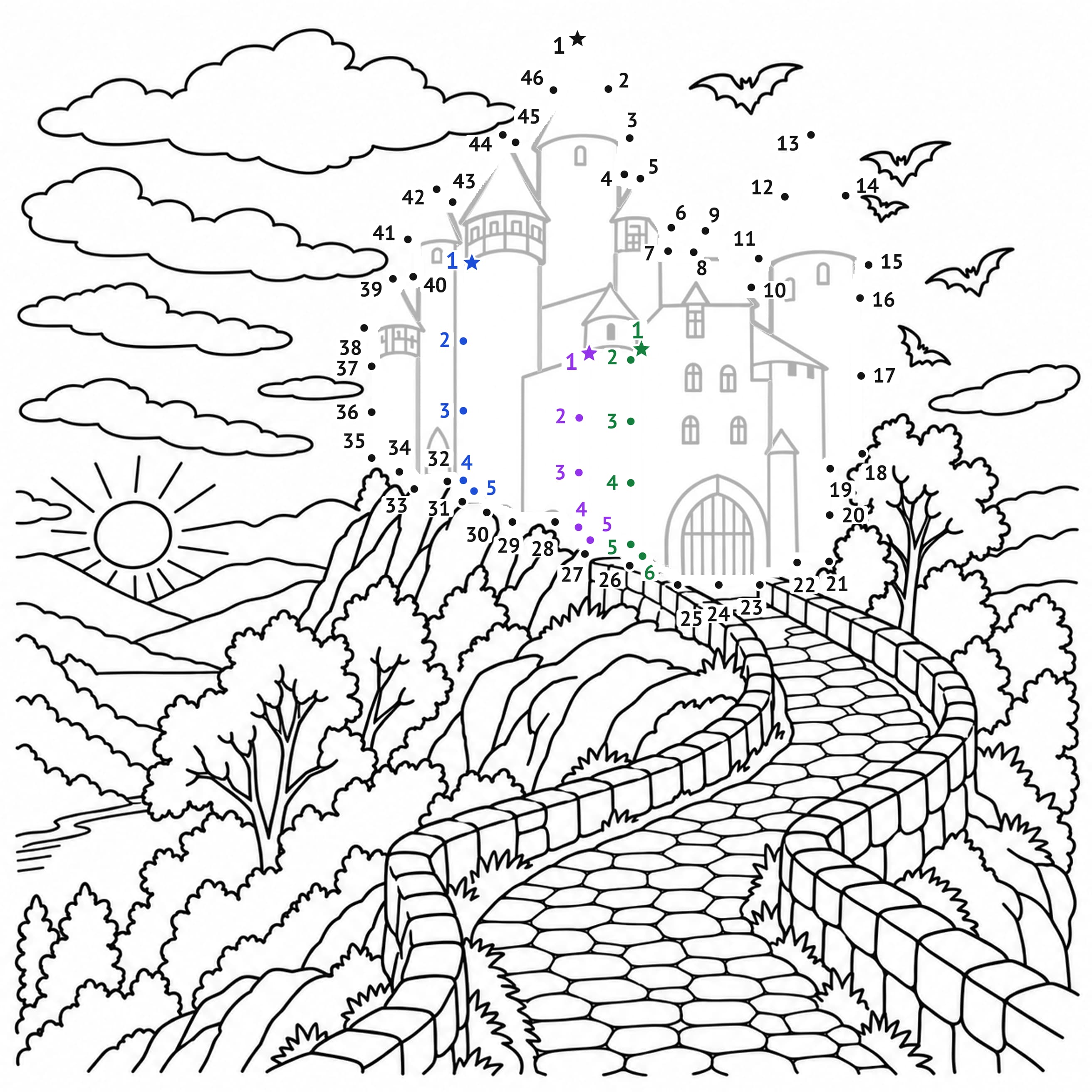 Points à relier: Château d’Halloween : points à relier à imprimer