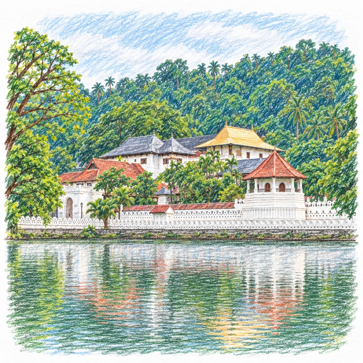 Colored model: Sri Lanka coloring page: lakeside temple