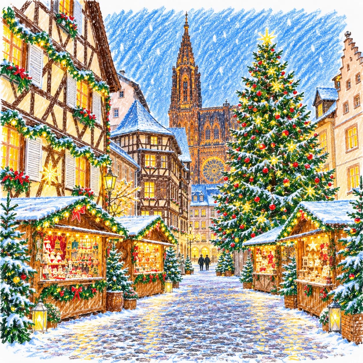 Modèle colorié: Coloriage du marché de Noël de Strasbourg
