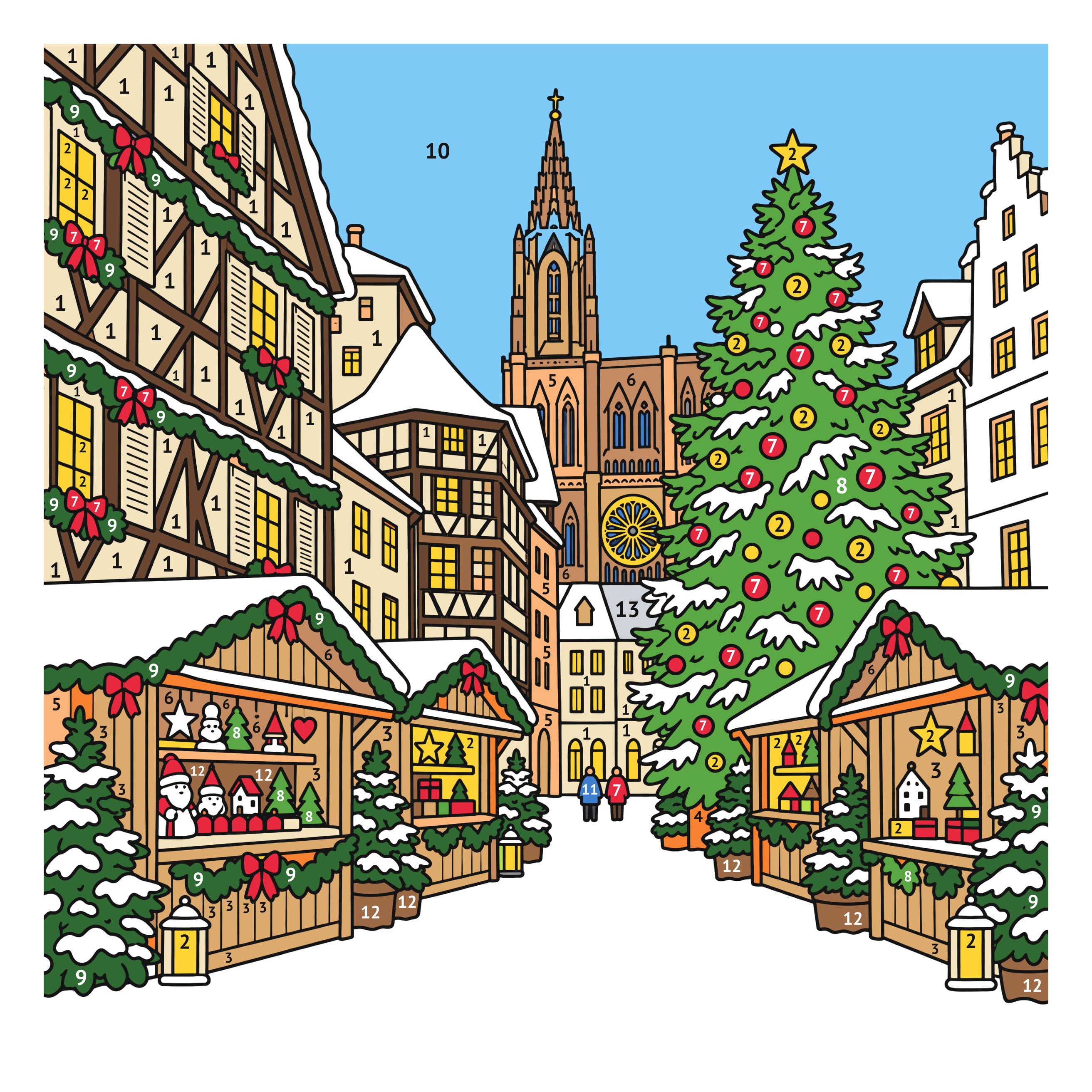 Colored model: Strasbourg Christmas market color by number printable