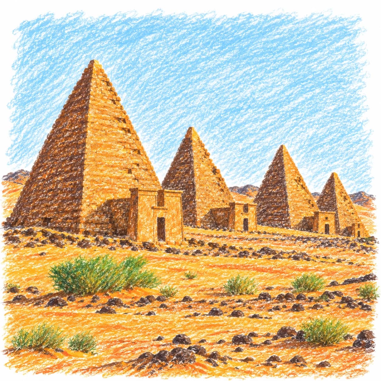Colored model: Sudan coloring page: pyramids in the desert