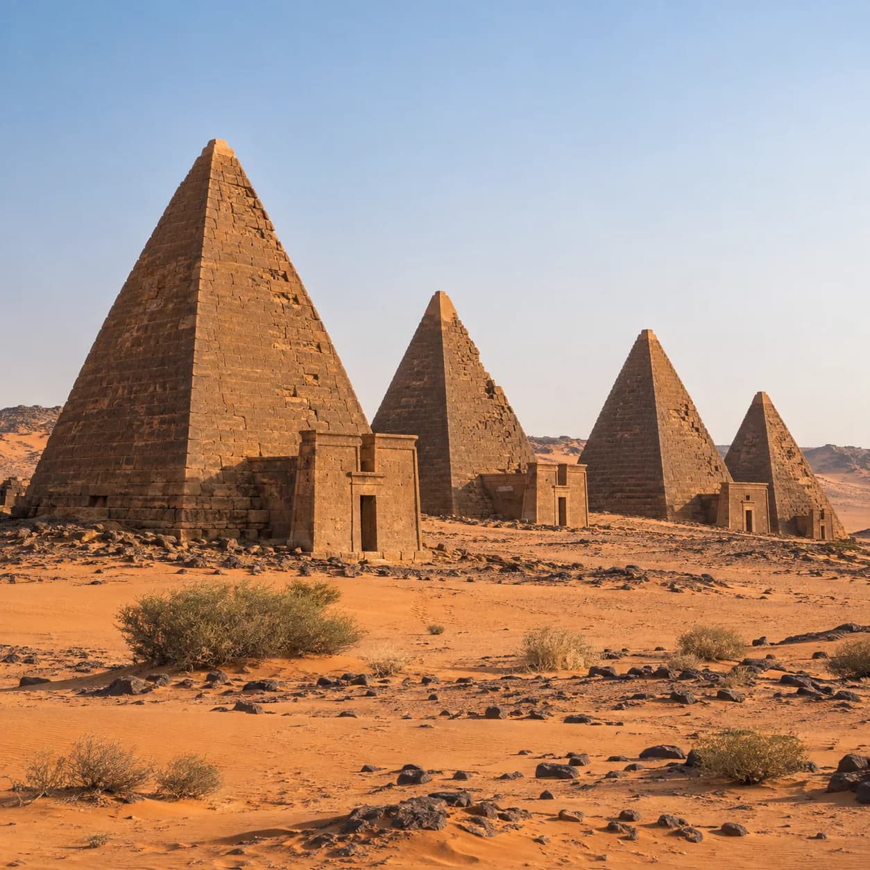 Realistic source: Sudan coloring page: pyramids in the desert