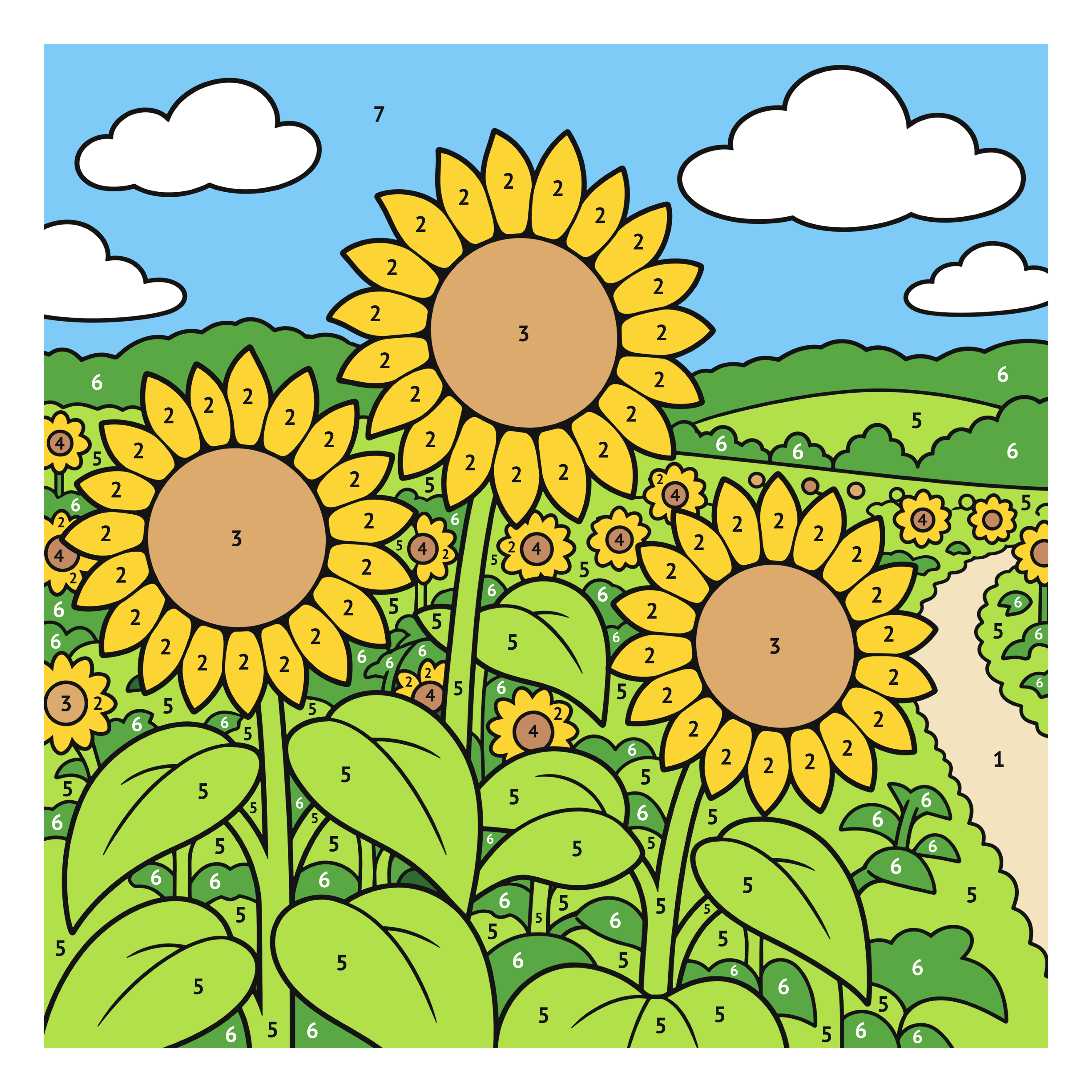 Modèle colorié: Tournesols : coloriage au numéro à imprimer
