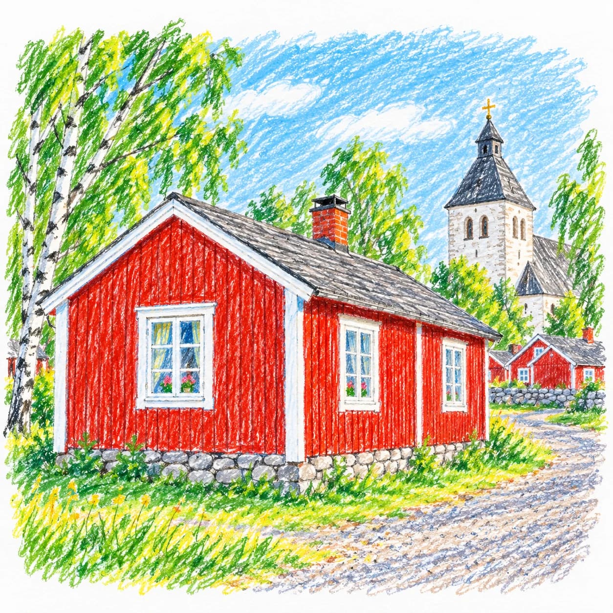 Colored model: Sweden coloring page: red cottage and church