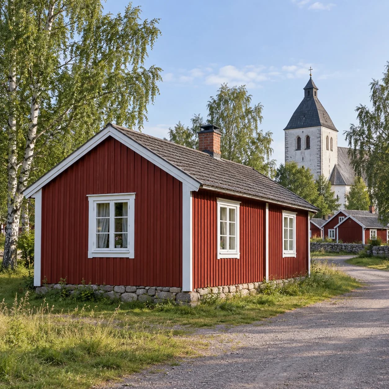 Realistic source: Sweden coloring page: red cottage and church