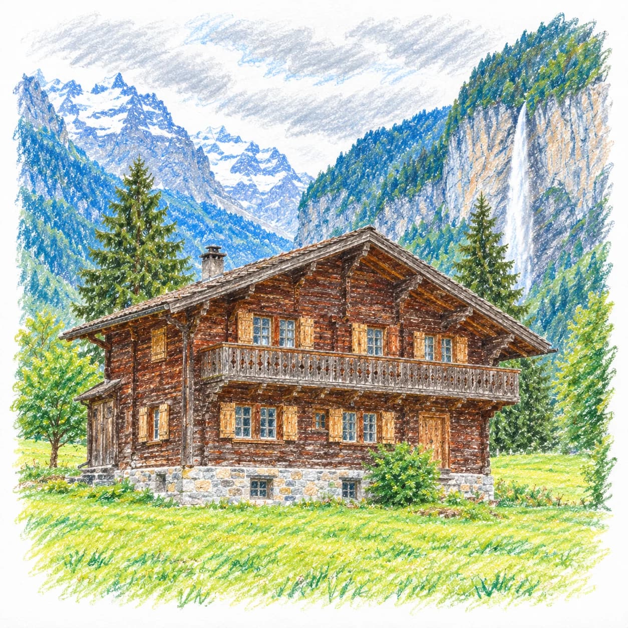 Colored model: Switzerland coloring page: wooden chalet and waterfall