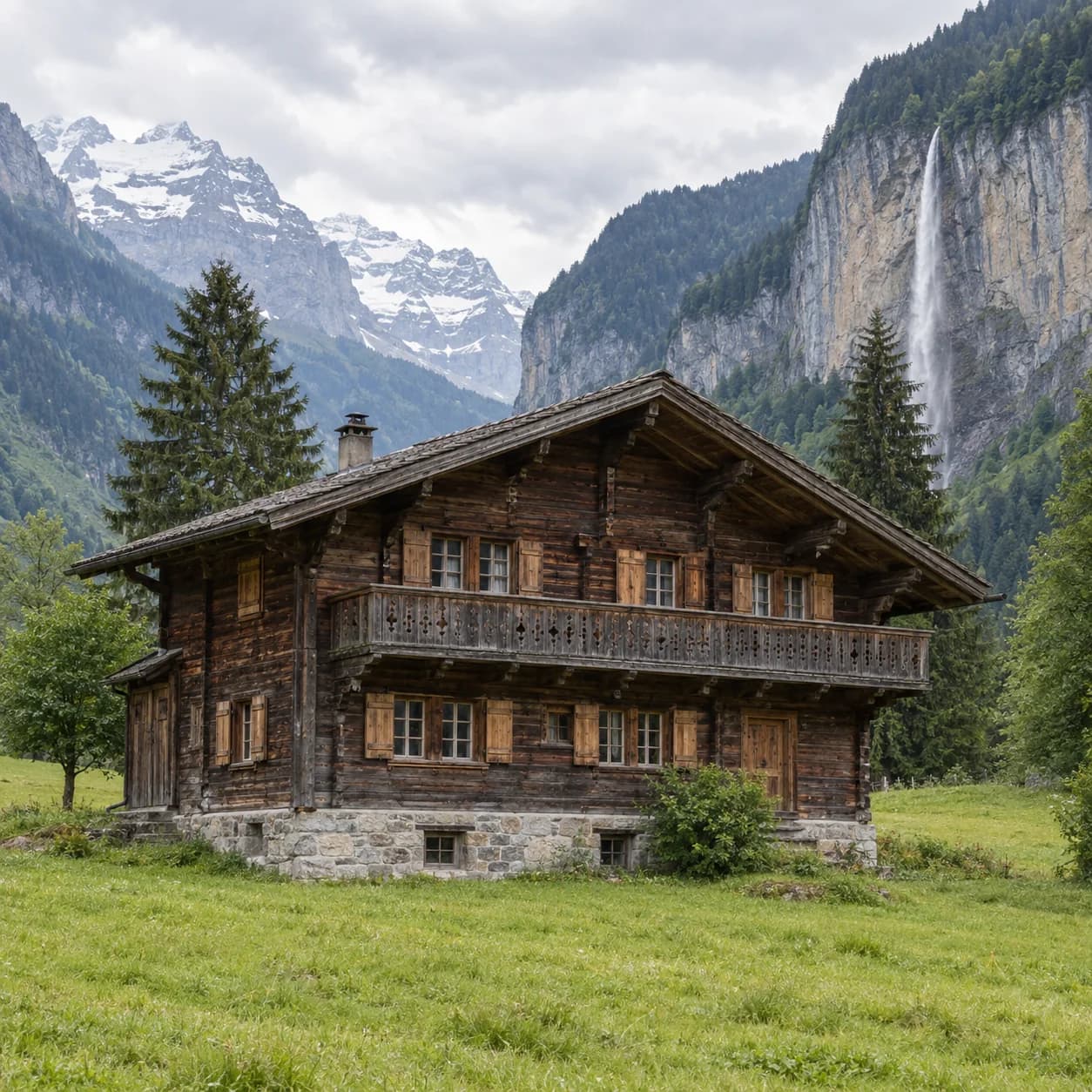 Photo réaliste: Coloriage de la Suisse : chalet en bois et cascade