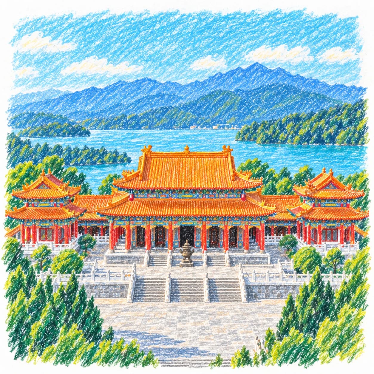 Modèle colorié: Coloriage de Taïwan : temple au-dessus d'un lac