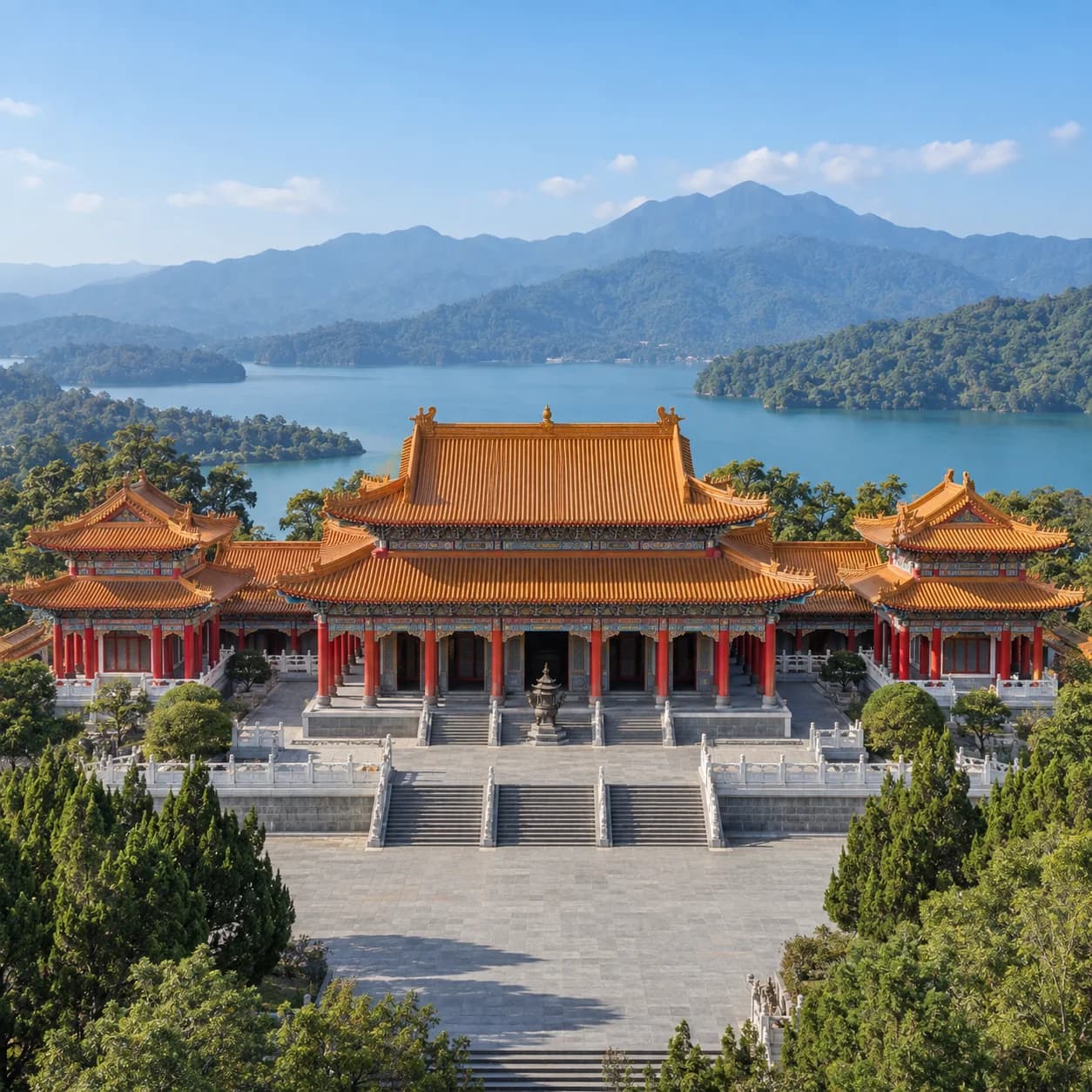 Photo réaliste: Coloriage de Taïwan : temple au-dessus d'un lac
