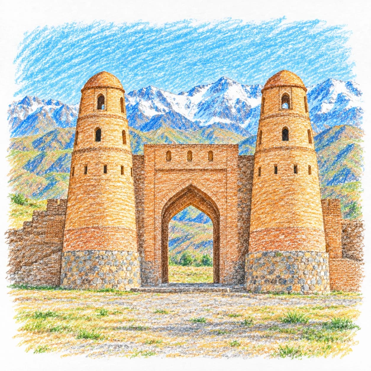 Colored model: Tajikistan coloring page: fortress gate and mountains