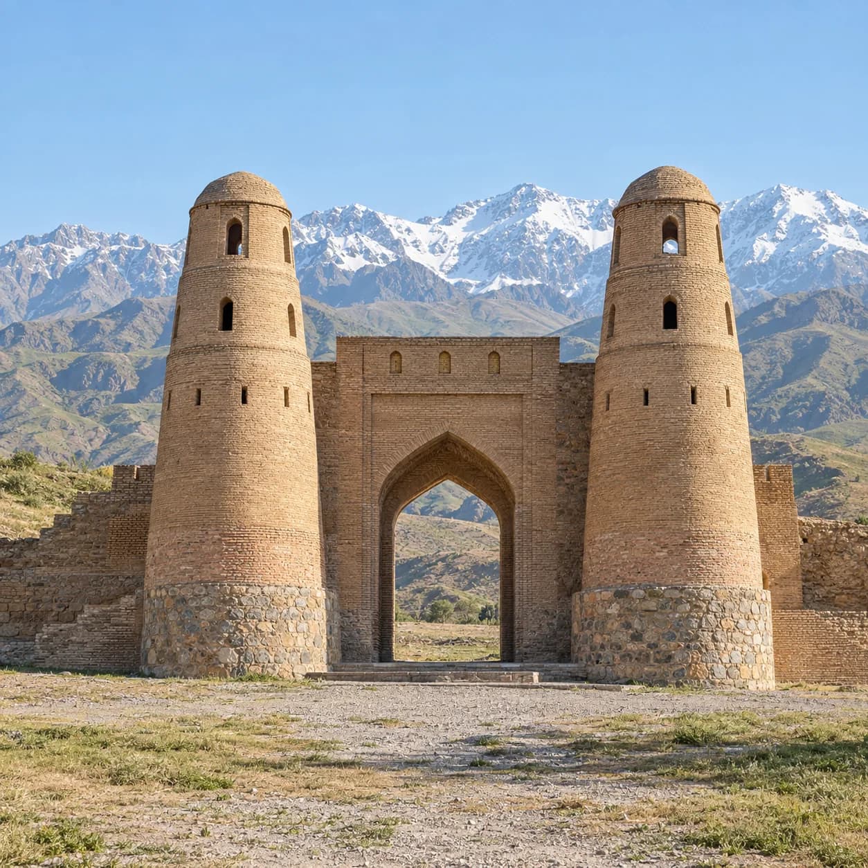 Realistic source: Tajikistan coloring page: fortress gate and mountains