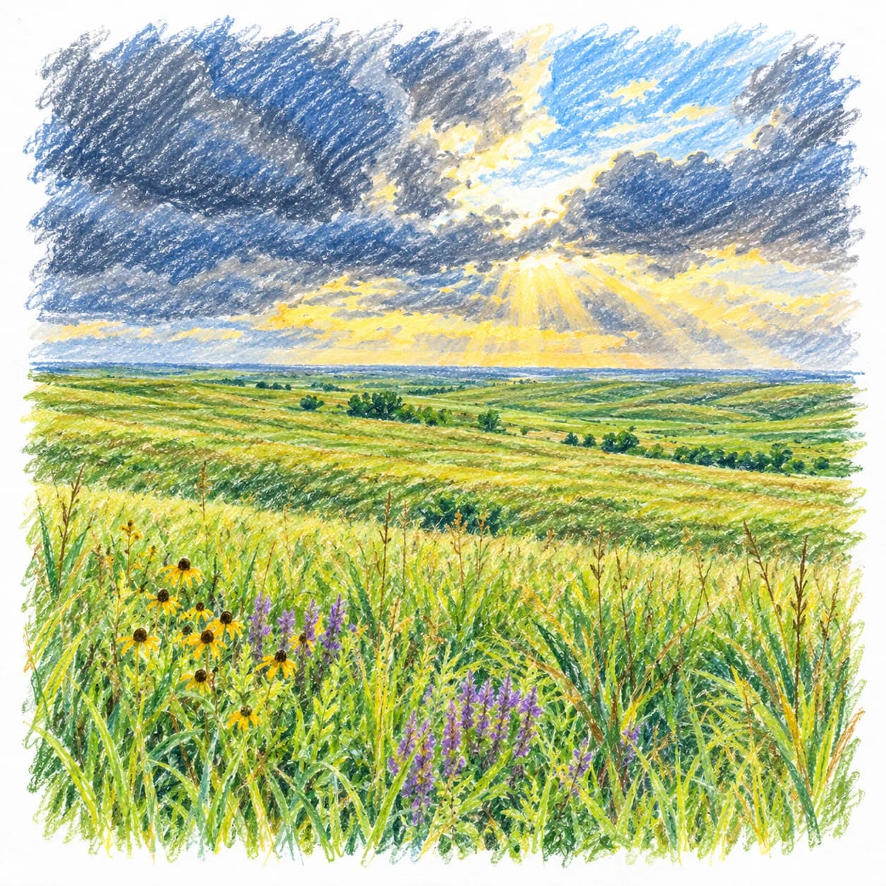 Modèle colorié: Coloriage d'une prairie d'herbes hautes : éclaircie après l'orage
