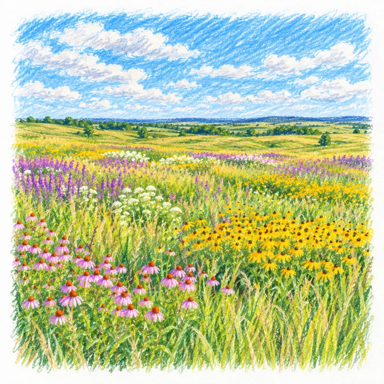 Modèle colorié: Coloriage d'une prairie d'herbes hautes : fleurs de saison