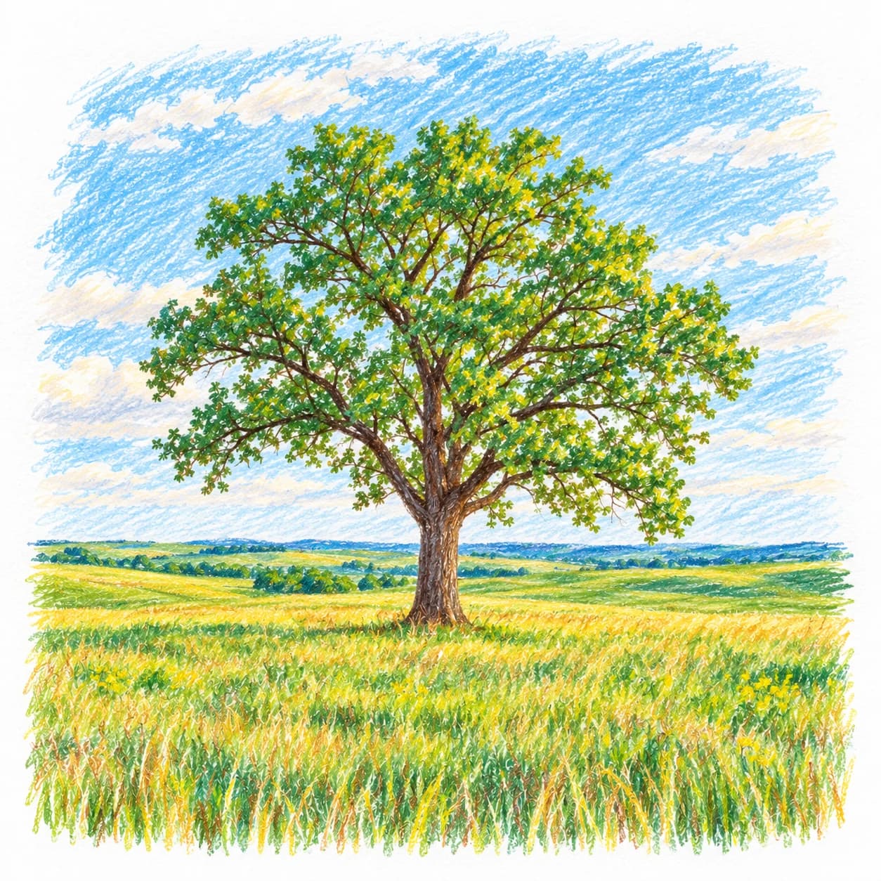 Modèle colorié: Coloriage d'une prairie d'herbes hautes : arbre solitaire