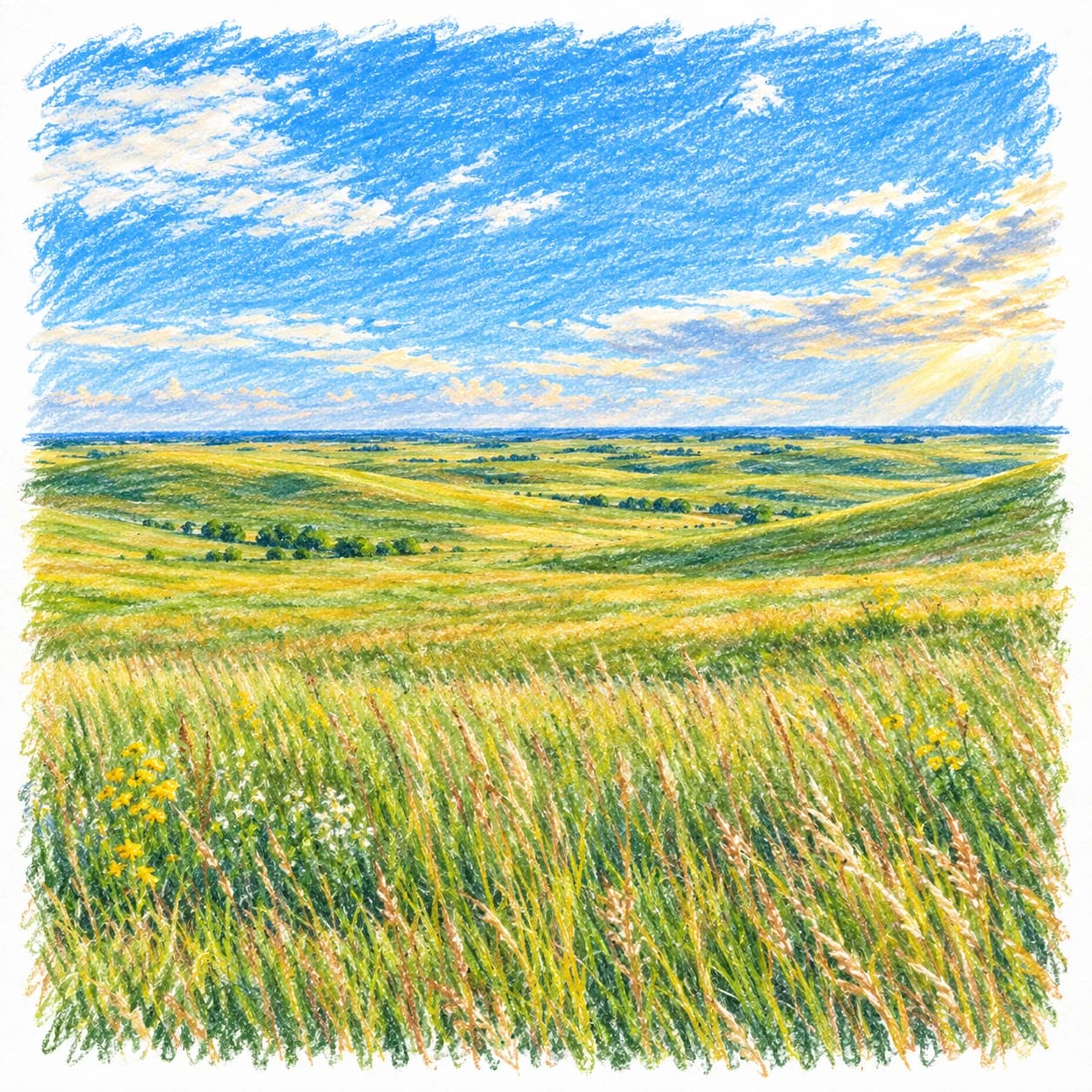Modèle colorié: Coloriage d'une prairie d'herbes hautes : vaste panorama