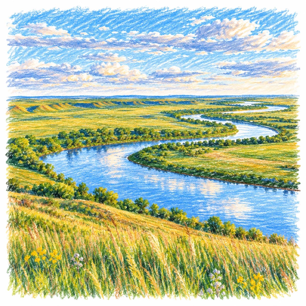 Modèle colorié: Coloriage d'une prairie d'herbes hautes : rivière sinueuse