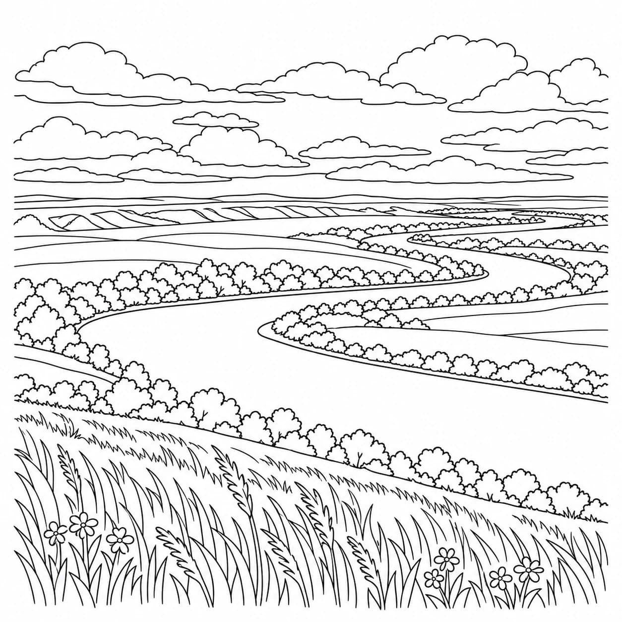 Coloring: Tallgrass prairie winding river coloring page