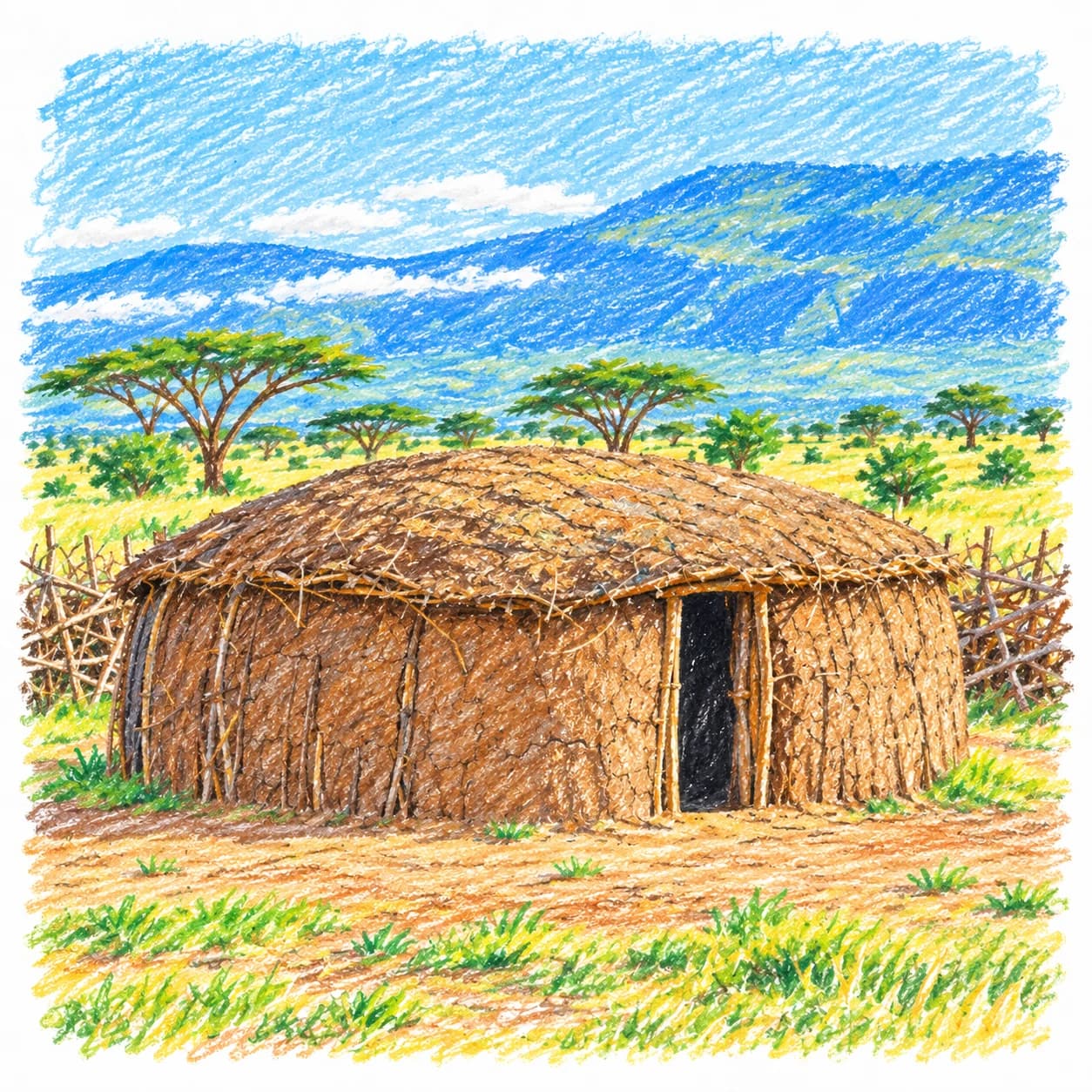 Modèle colorié: Coloriage de la Tanzanie : hutte en terre dans la savane