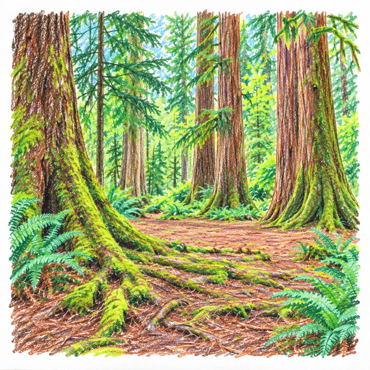 Modèle colorié: Coloriage d'une forêt tropicale tempérée : clairière ancienne