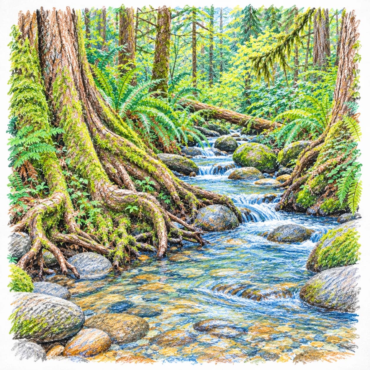 Modèle colorié: Coloriage d'une forêt tropicale tempérée : ruisseau limpide