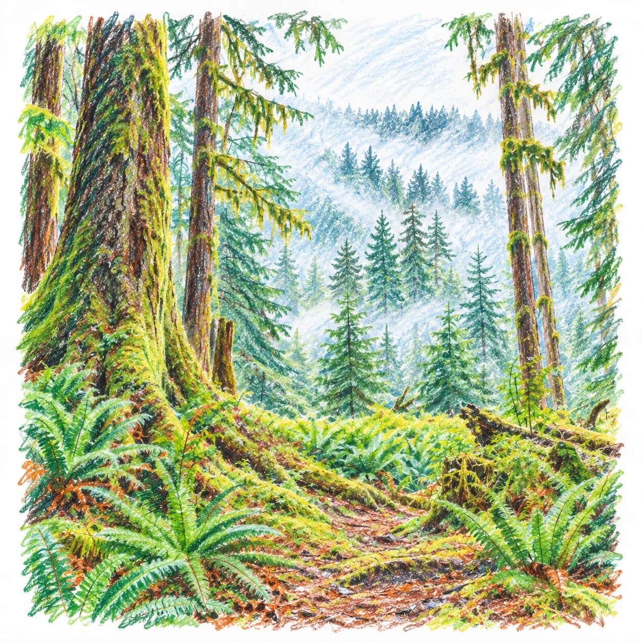 Modèle colorié: Coloriage d'une forêt tropicale tempérée : canopée brumeuse