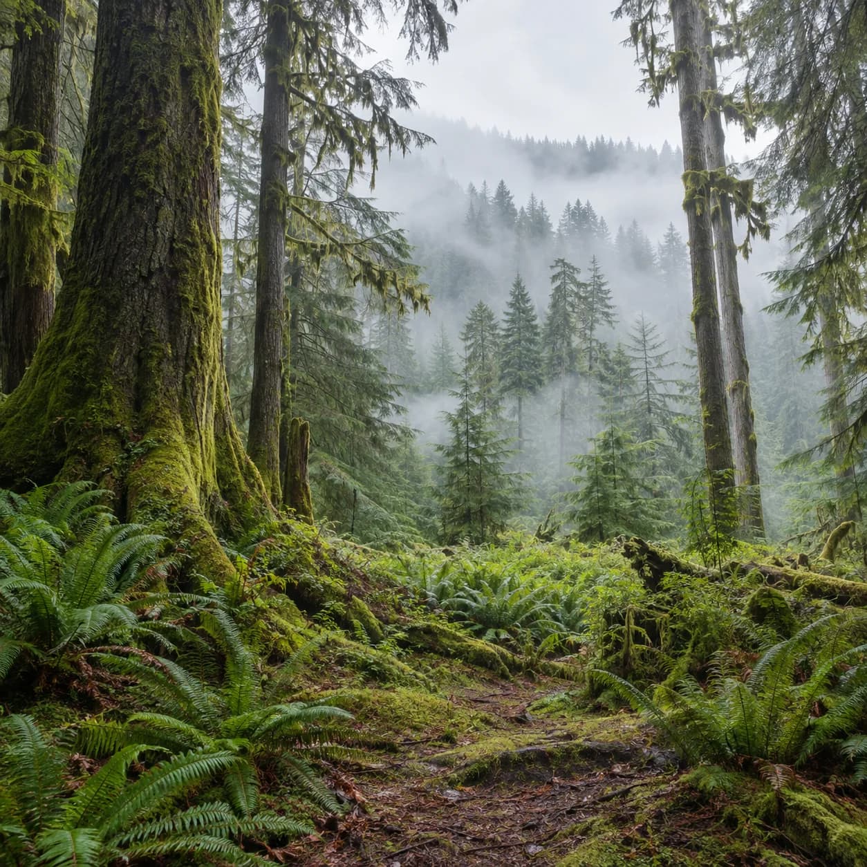 Photo réaliste: Coloriage d'une forêt tropicale tempérée : canopée brumeuse