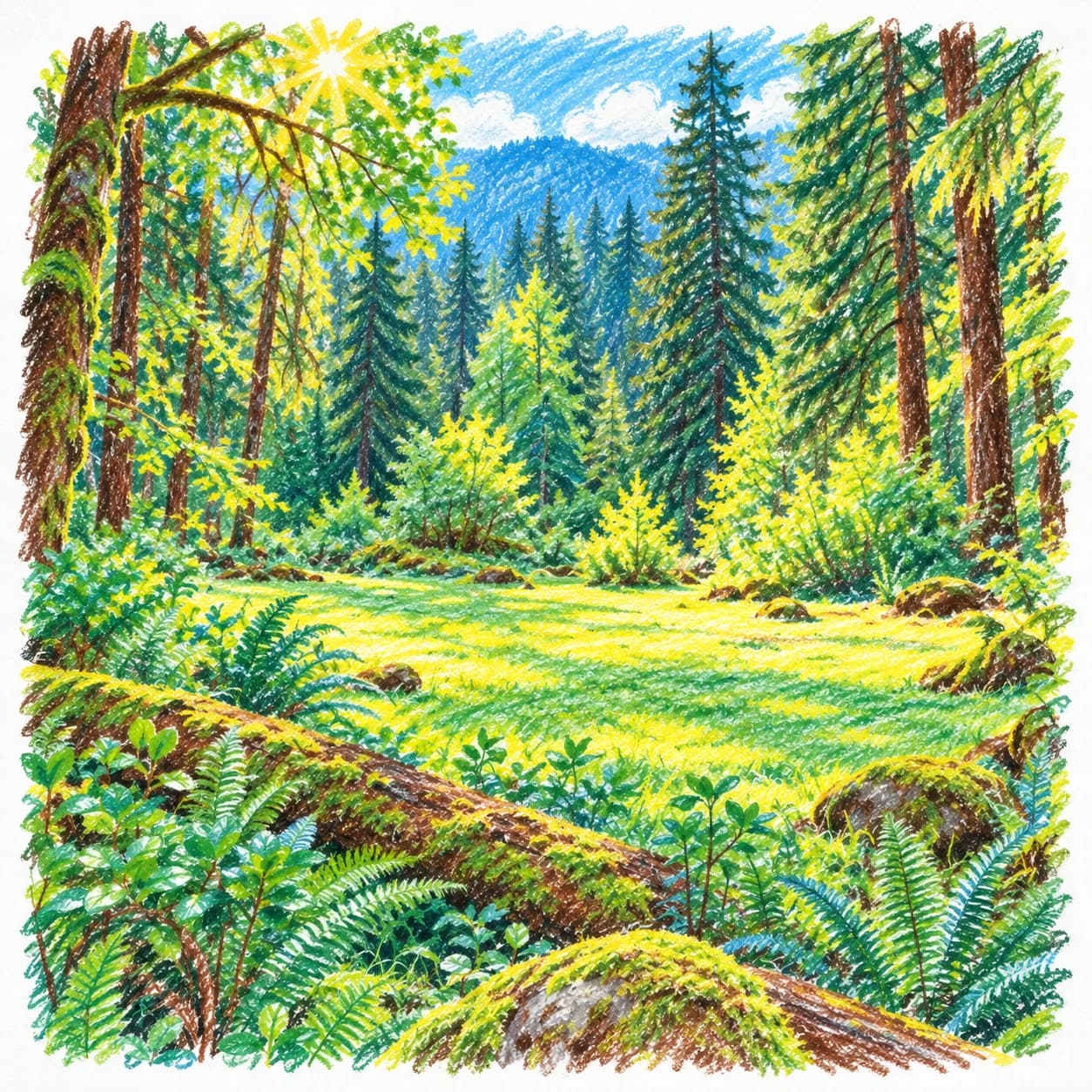 Modèle colorié: Coloriage d'une forêt tropicale tempérée : clairière ensoleillée