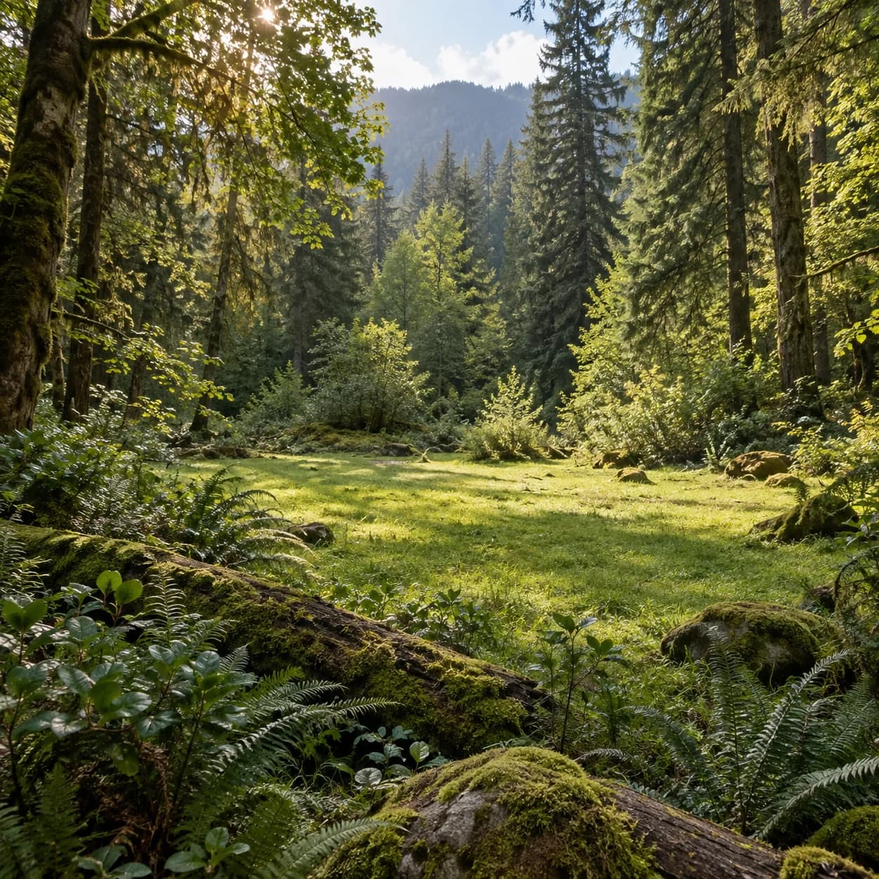 Photo réaliste: Coloriage d'une forêt tropicale tempérée : clairière ensoleillée
