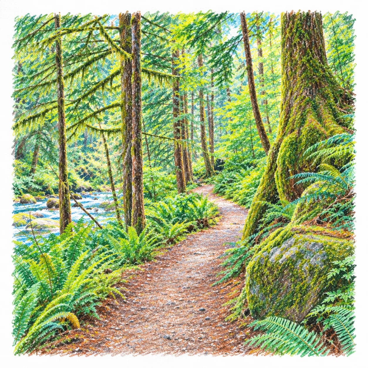 Modèle colorié: Coloriage d'une forêt tropicale tempérée : sentier sinueux