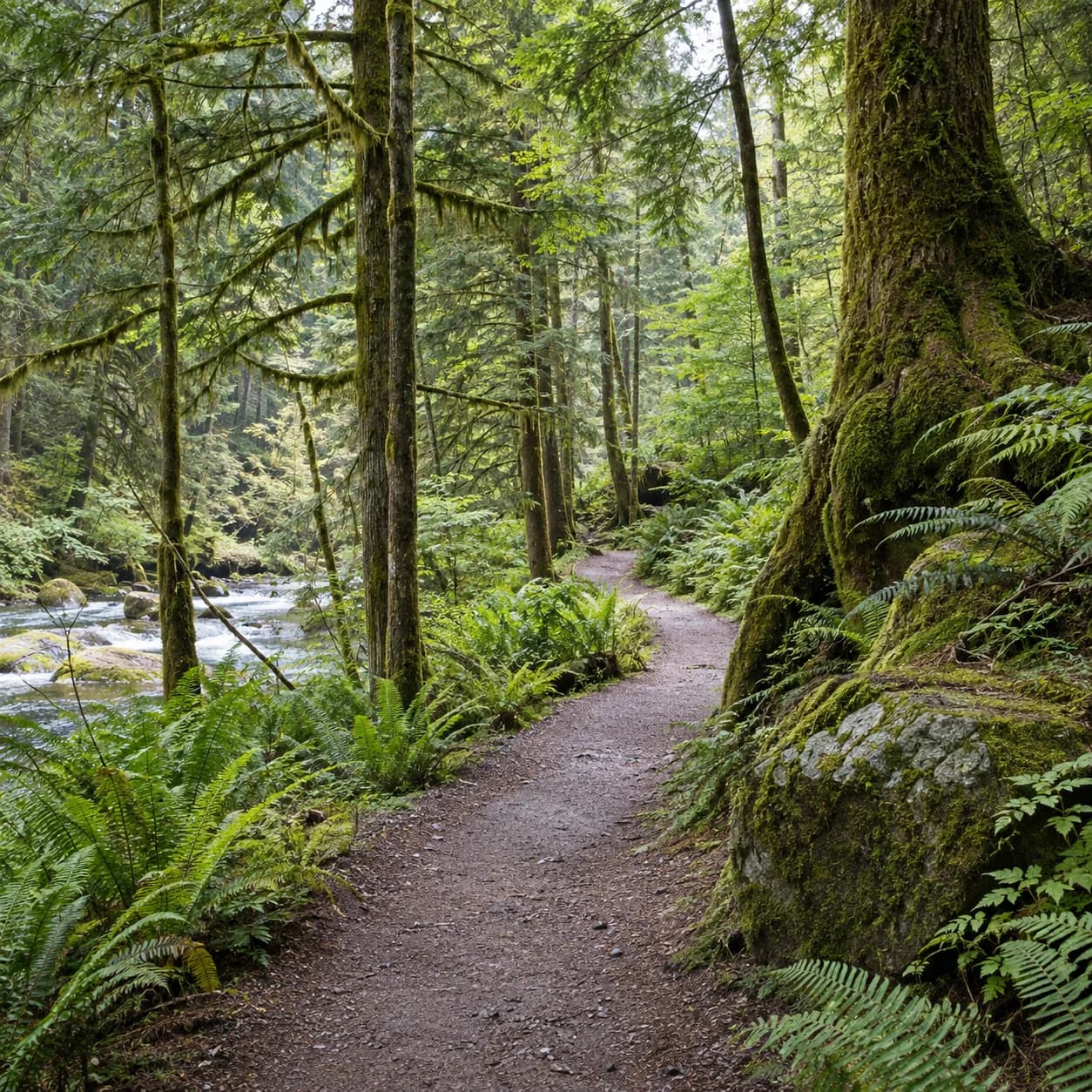 Photo réaliste: Coloriage d'une forêt tropicale tempérée : sentier sinueux