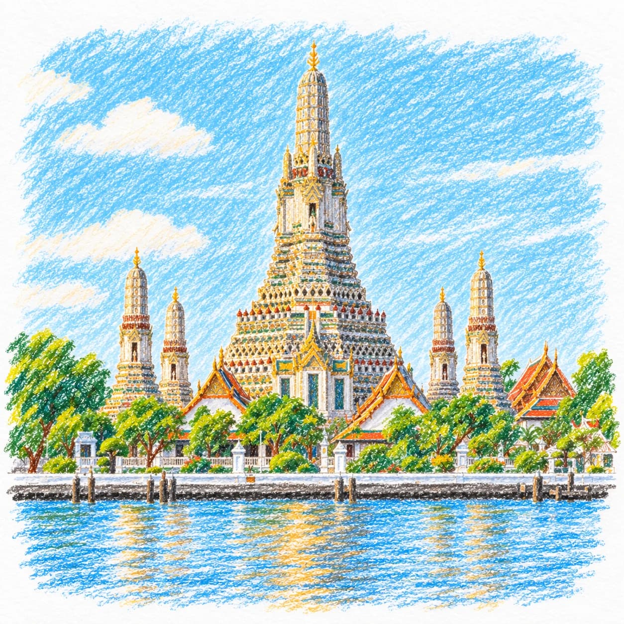 Colored model: Thailand coloring page: Wat Arun by the river