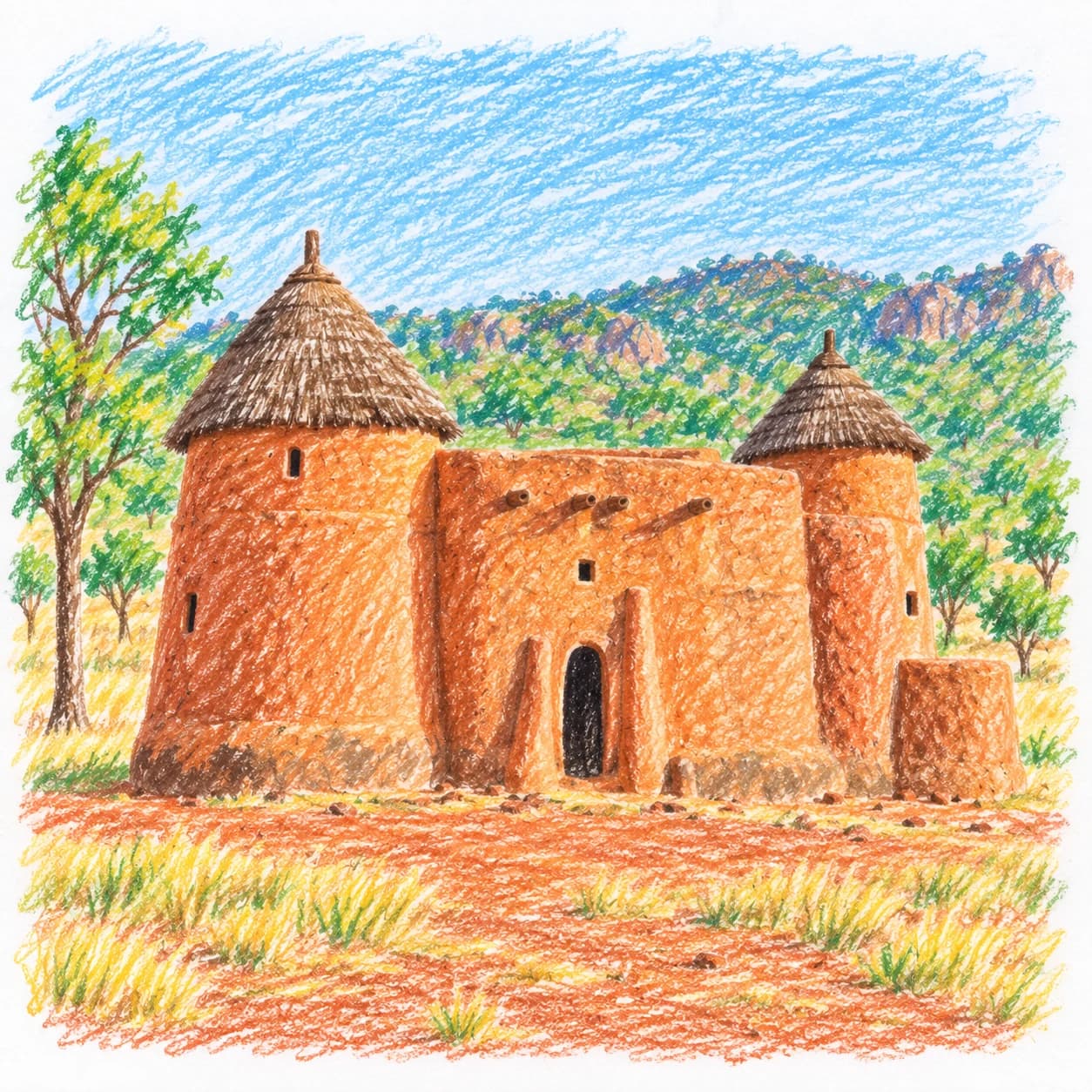 Colored model: Togo coloring page: earthen tower house