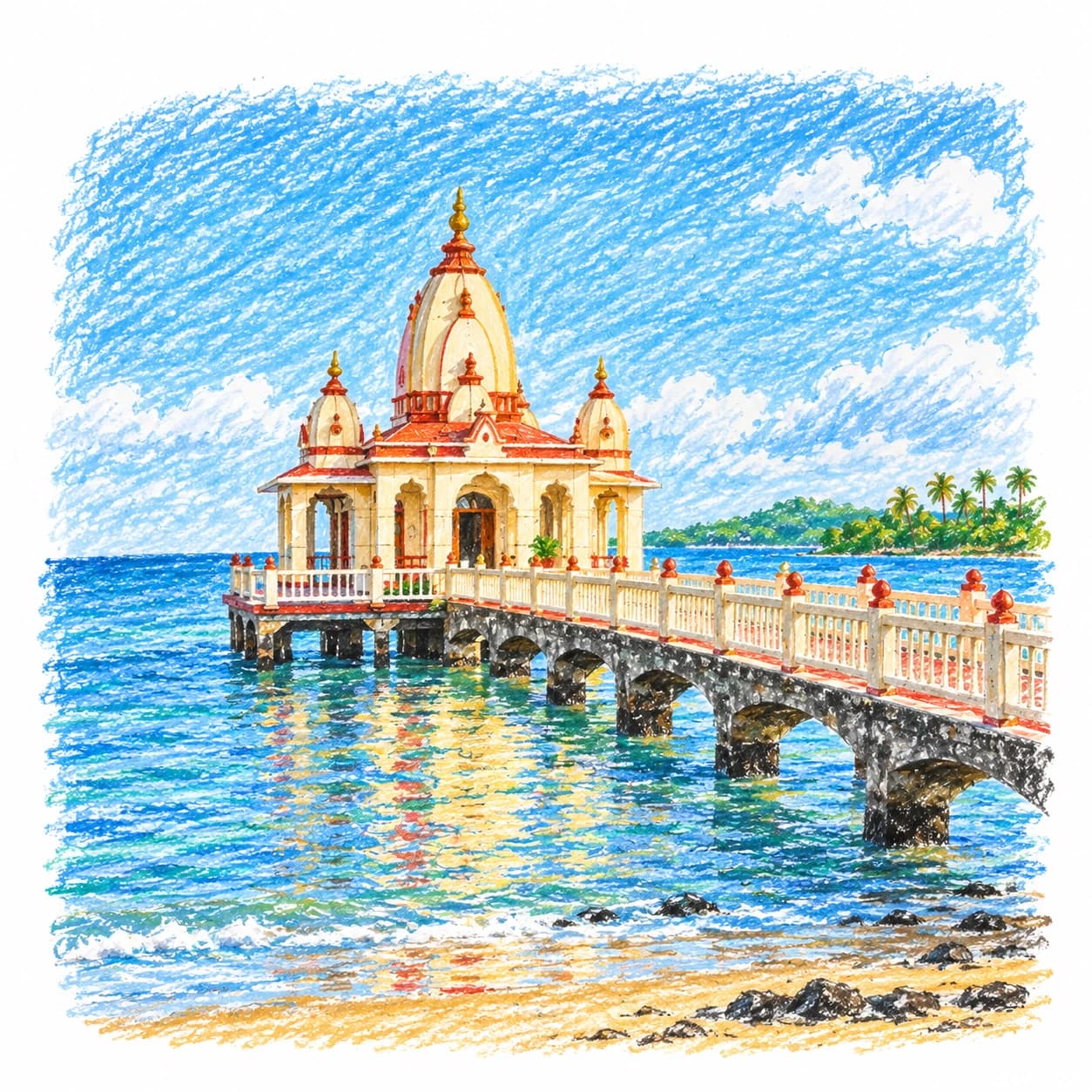 Modèle colorié: Coloriage de Trinité-et-Tobago : temple sur la mer