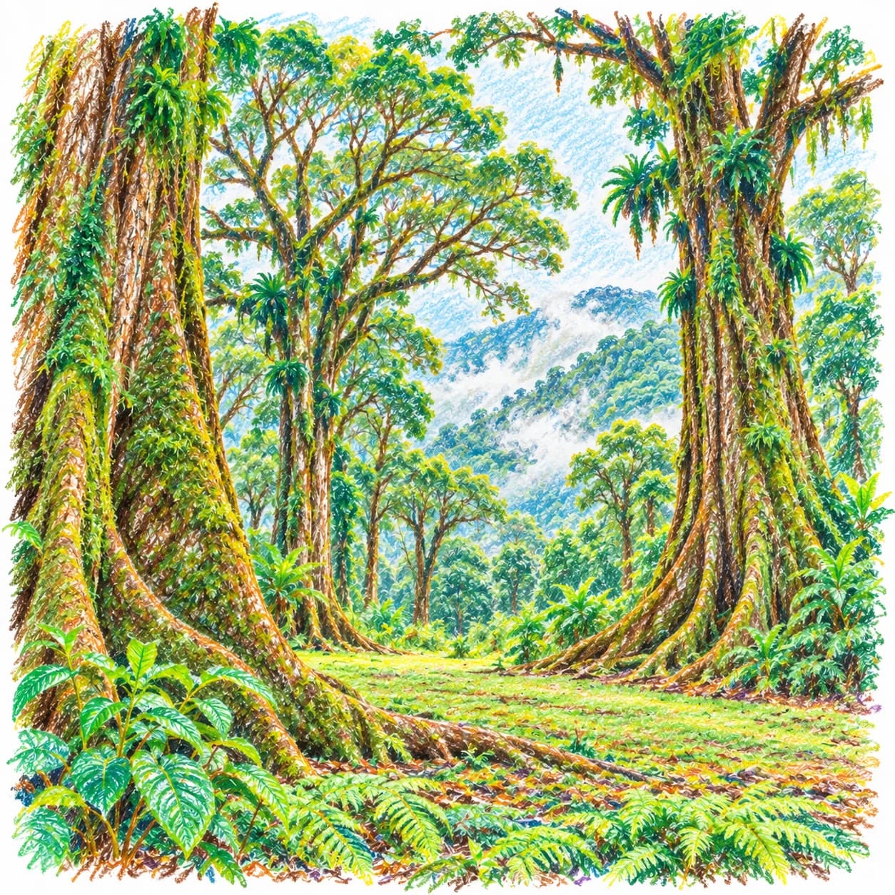 Modèle colorié: Coloriage d'une forêt tropicale de nuages : clairière ancienne