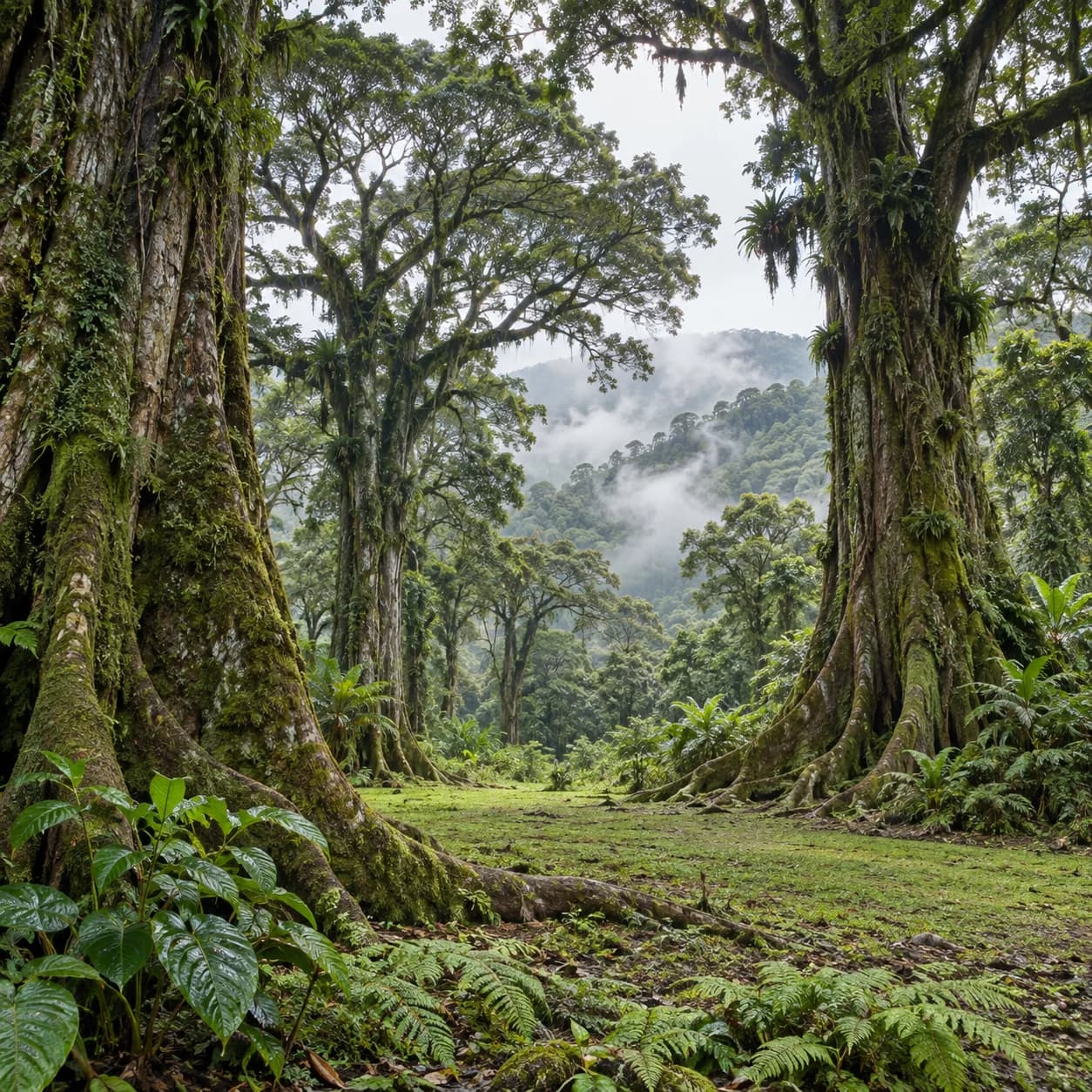 Photo réaliste: Coloriage d'une forêt tropicale de nuages : clairière ancienne