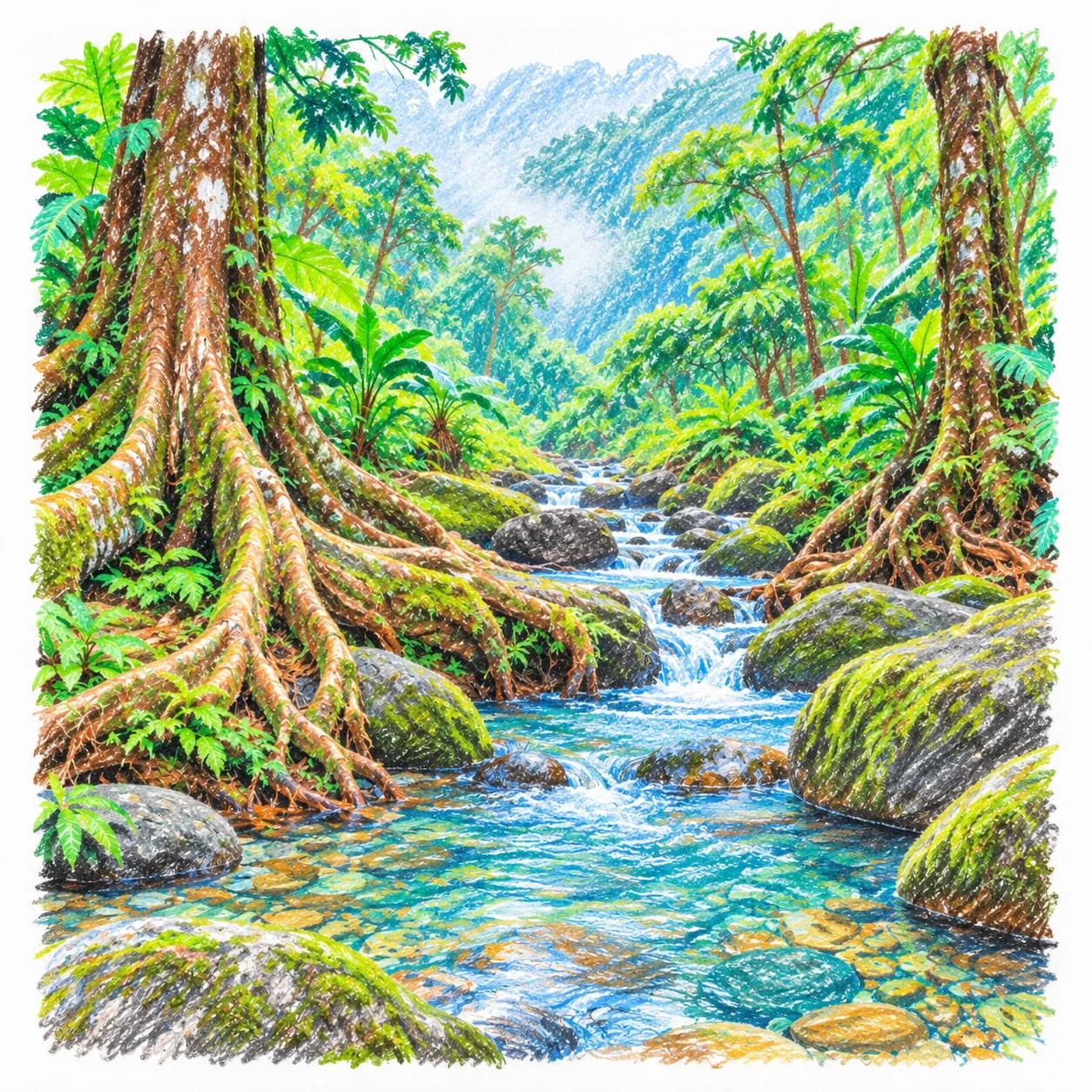 Modèle colorié: Coloriage d'une forêt tropicale de nuages : ruisseau limpide
