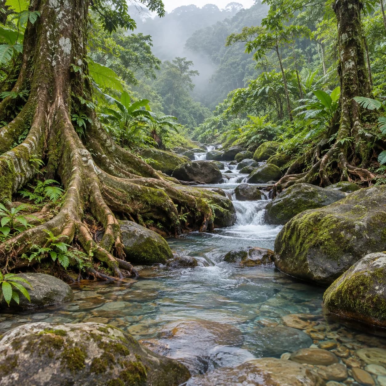 Photo réaliste: Coloriage d'une forêt tropicale de nuages : ruisseau limpide