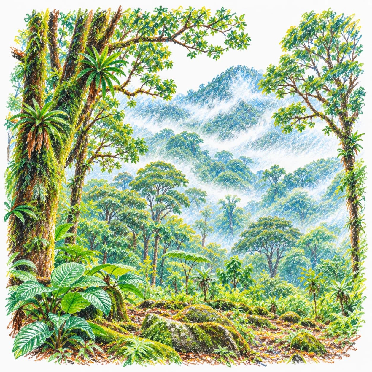 Modèle colorié: Coloriage d'une forêt tropicale de nuages : canopée brumeuse
