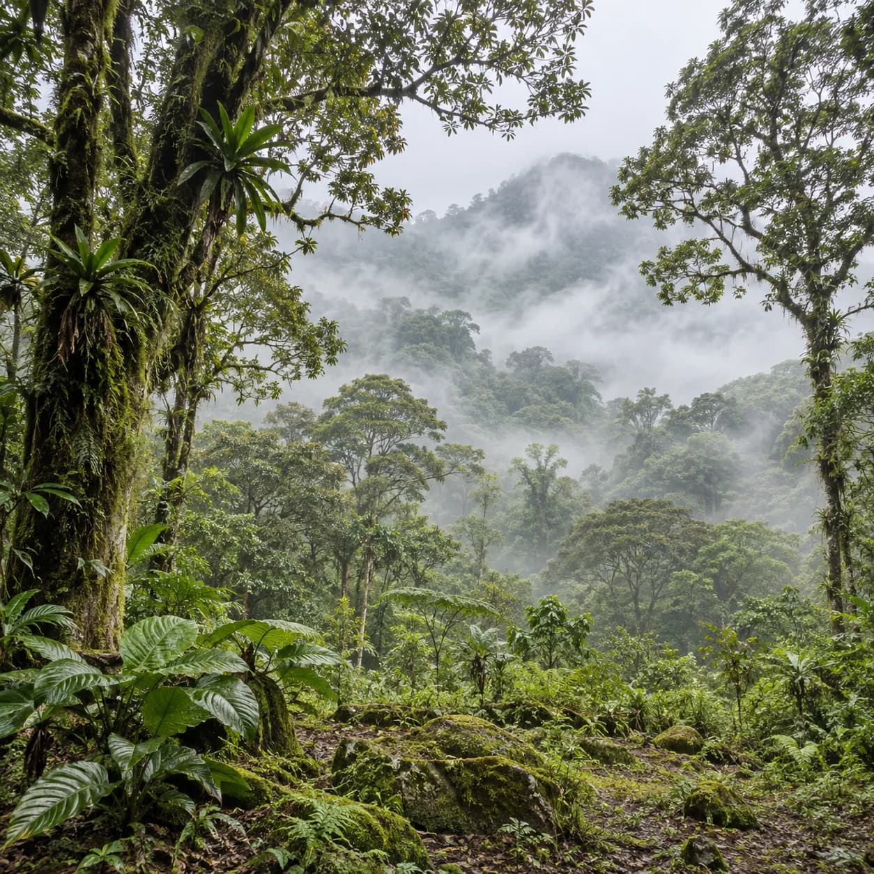 Photo réaliste: Coloriage d'une forêt tropicale de nuages : canopée brumeuse