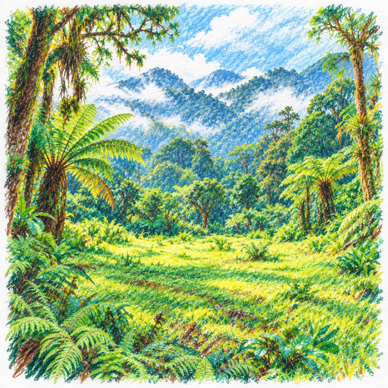 Modèle colorié: Coloriage d'une forêt tropicale de nuages : clairière ensoleillée
