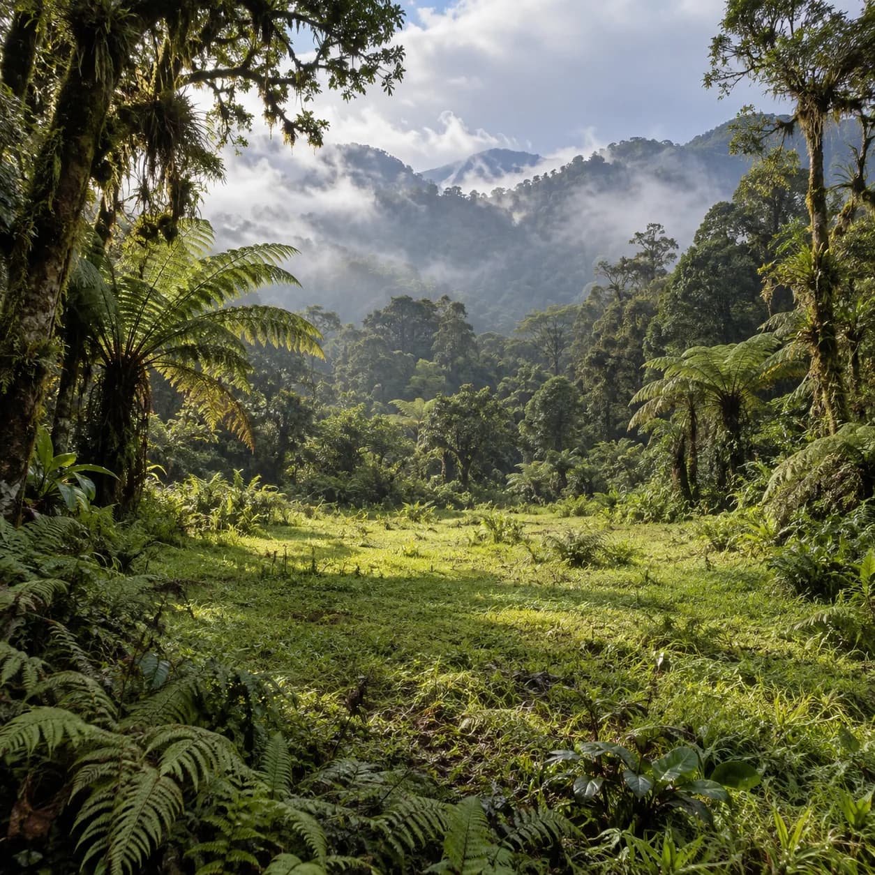 Photo réaliste: Coloriage d'une forêt tropicale de nuages : clairière ensoleillée