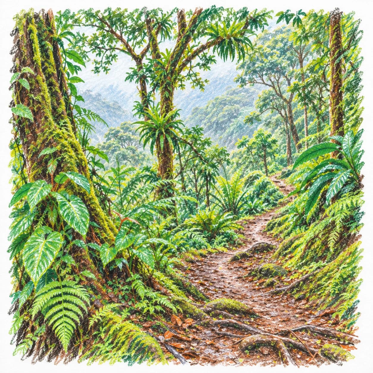 Modèle colorié: Coloriage d'une forêt tropicale de nuages : sentier sinueux
