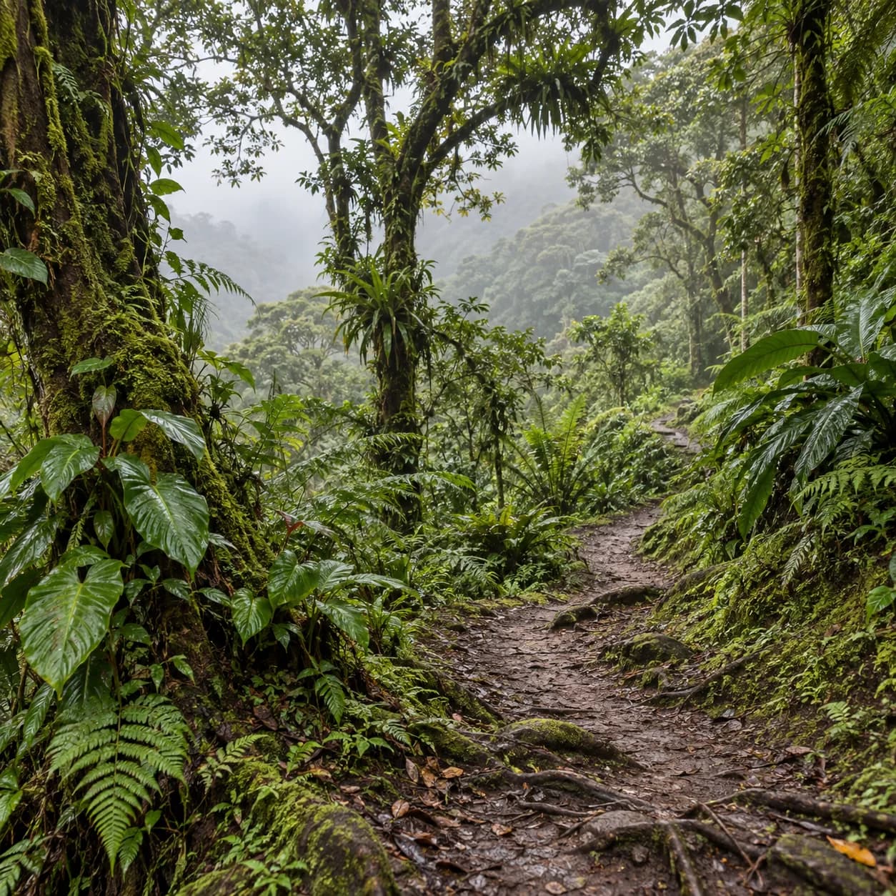 Photo réaliste: Coloriage d'une forêt tropicale de nuages : sentier sinueux