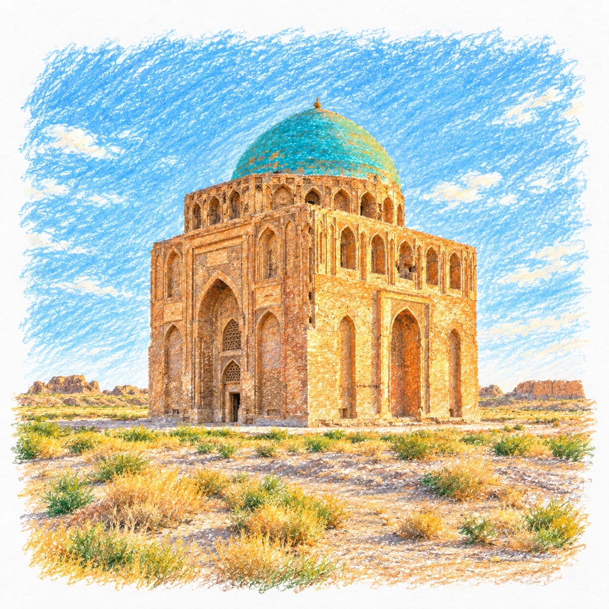 Colored model: Turkmenistan coloring page: turquoise dome tomb