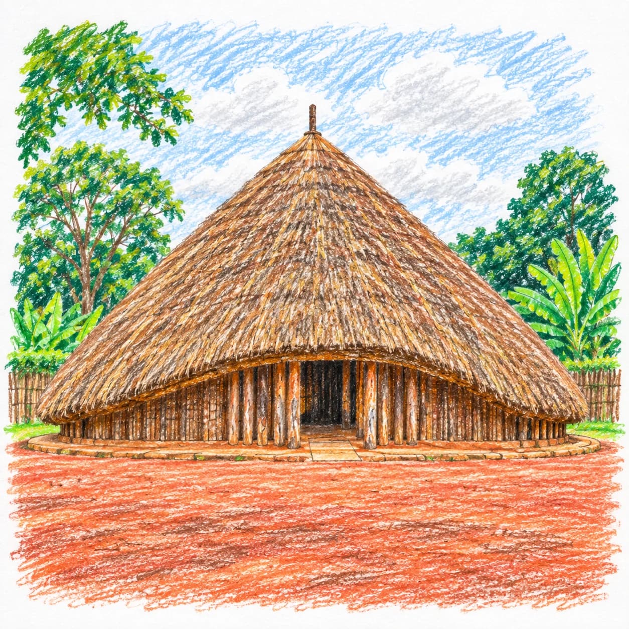 Modèle colorié: Coloriage de l'Ouganda : grand dôme de chaume